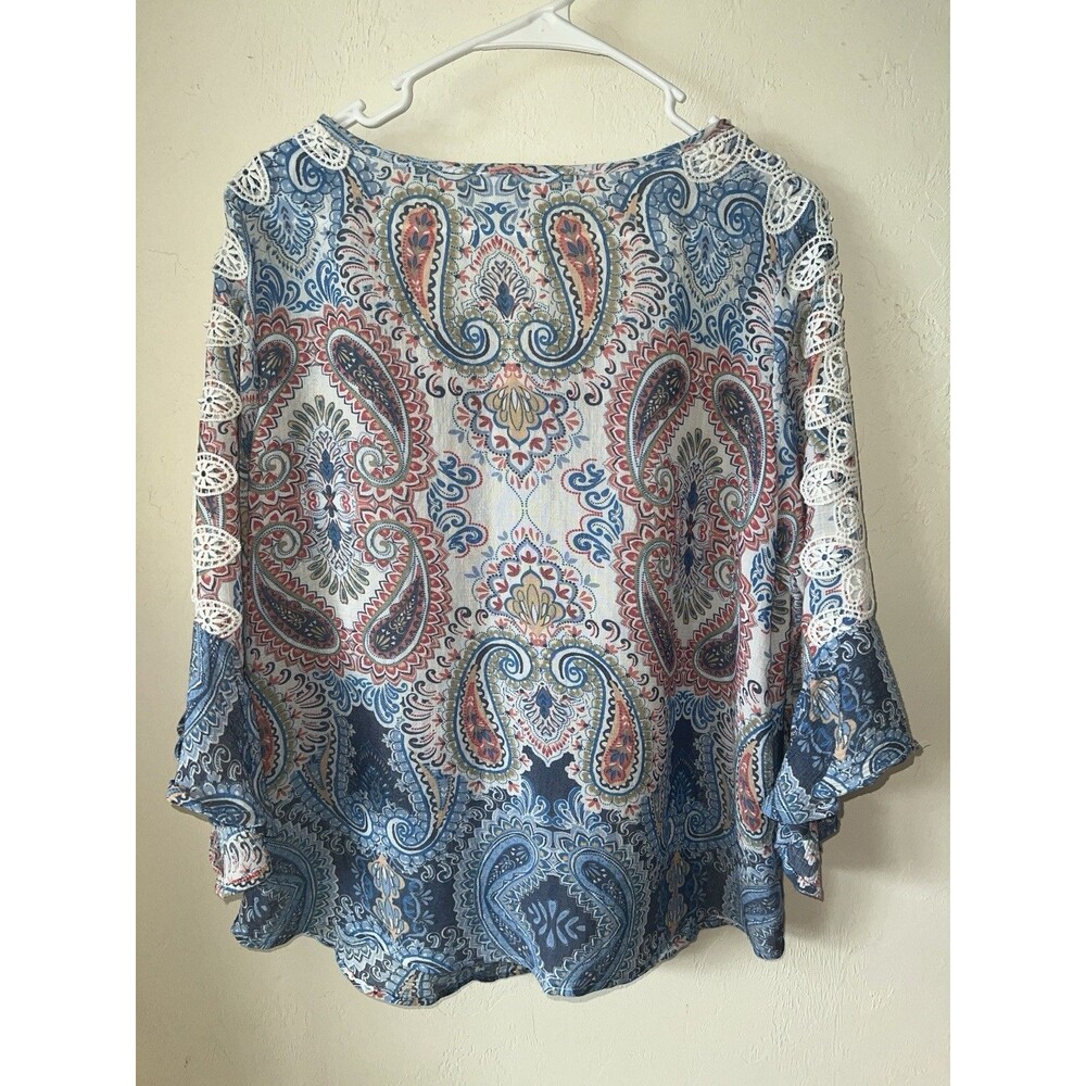 FRYE & CO Blouse Womens M Blue Paisley Chiffon Belle Sleeve Babydoll Top Boho - Picture 6 of 9